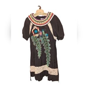 Bohemian Cotton Embellished Colorful Tropic Black DRESS M/L - fits small  floral